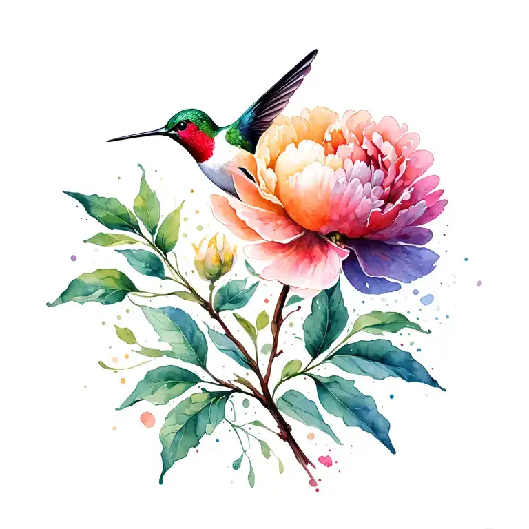 Peony With Hummingbird