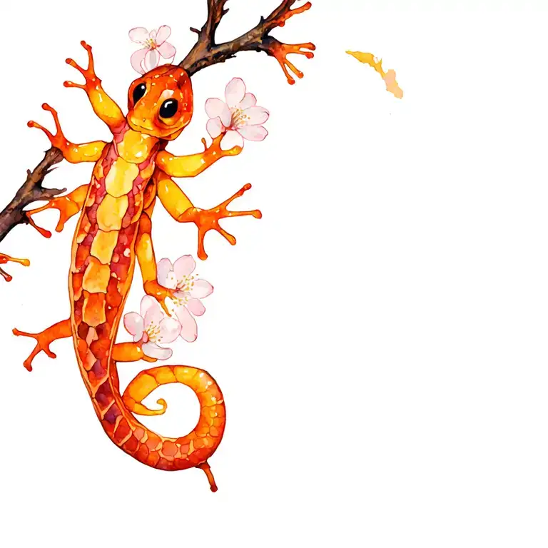 Fire Salamandra On A Sakura Size Branch Of 7 Cm