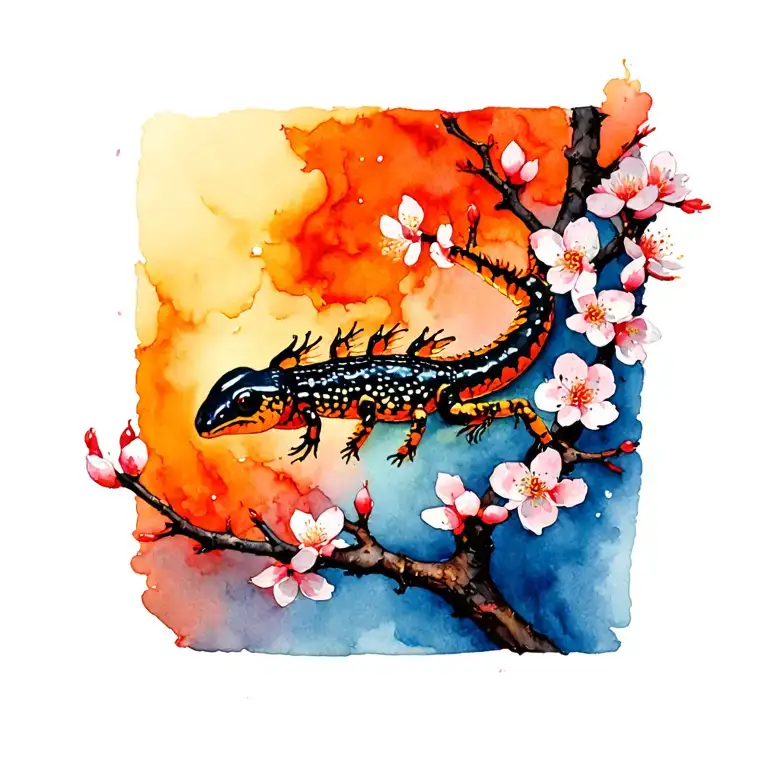 Fire Salamandra On The Sakura Branch