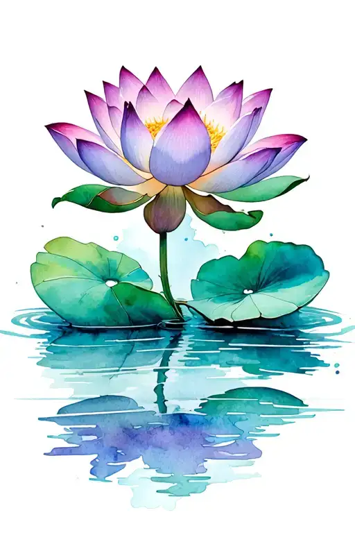 A Watercolor-style Lotus Flower Emerging From A Calm Pond With Mandala Accents