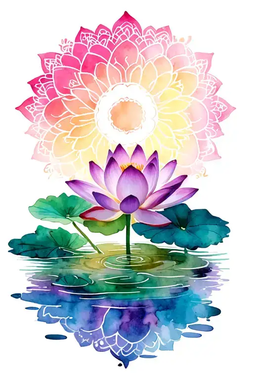 A Watercolor-style Lotus Flower Emerging From A Calm Pond With Mandala Accents