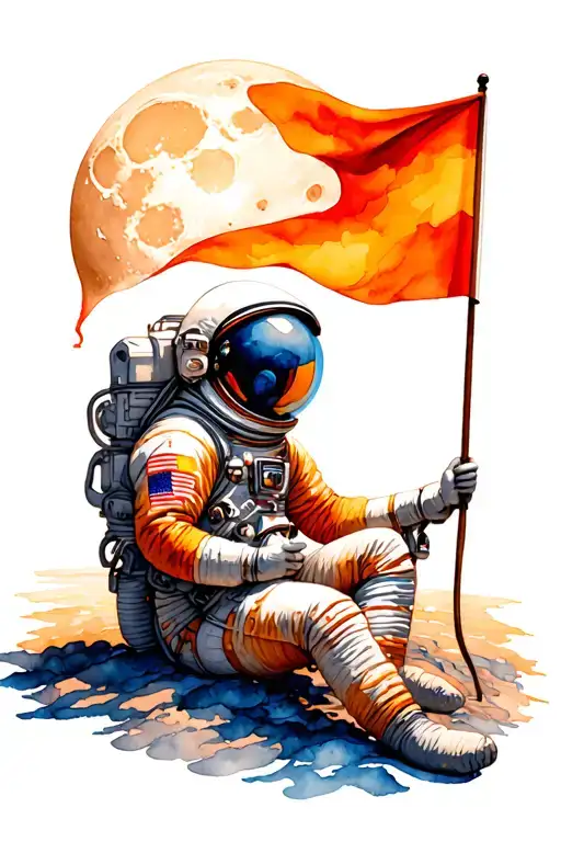 Astronaut Sat In The Small Moon While Holding Flag