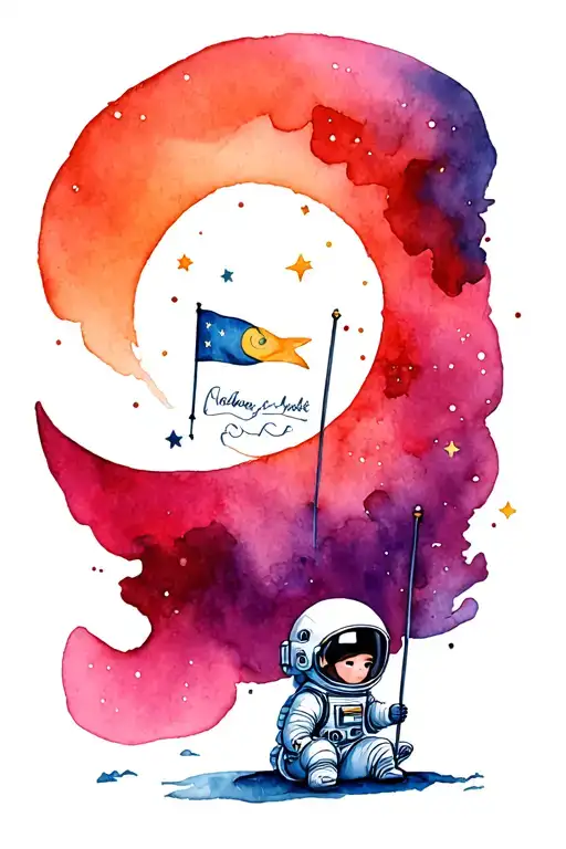 Small Cute Astronaut Sat In The Small Moon While Holding Flag
