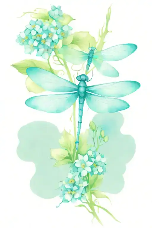 Dragonfly With Hydrangeas And Water Waves
