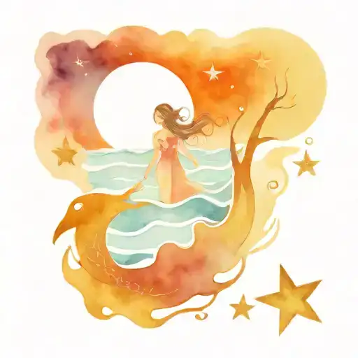 Ocean At Night With Stars And Amphitrite In The Waves