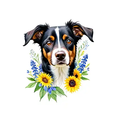 Dog Portrait With Floral Frame Bluebonnets And Sunflowers And Dogwood