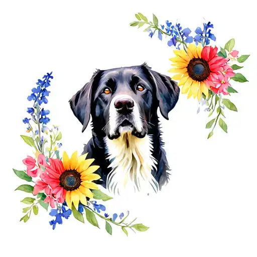 Black Lab Portrait With Floral Frame Bluebonnets And Sunflowers And Dogwood And Pink And Red Flowers