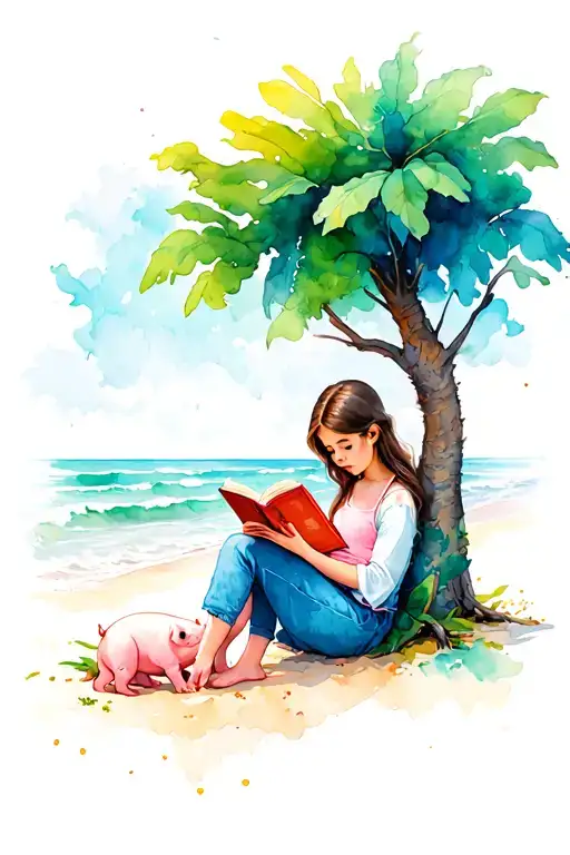 Girl Reading On The Beach With Book Sitting Under A Plam Tree With A Piglet Sitting Beside Her