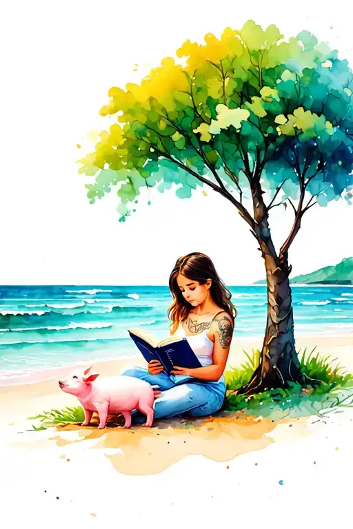 Girl Reading On The Beach With Book Sitting Under A Plam Tree With A Piglet Sitting Beside Her
