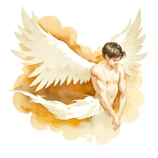 Buff Brunette Boy With Large White Angel Wings