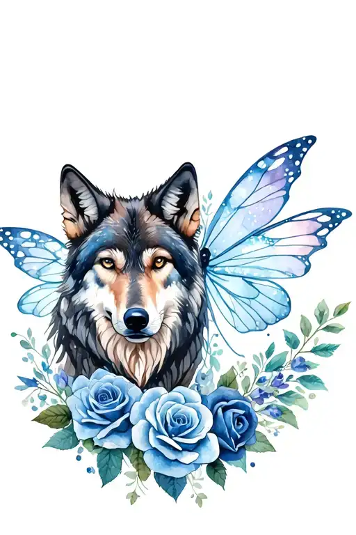 Wolf And Fairy With Blue Roses
