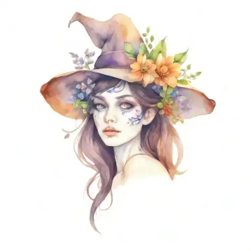 A Fae Woman Wearing A Witch Hat With Brown Hair And Purple Eyes Surrounded By Flowers