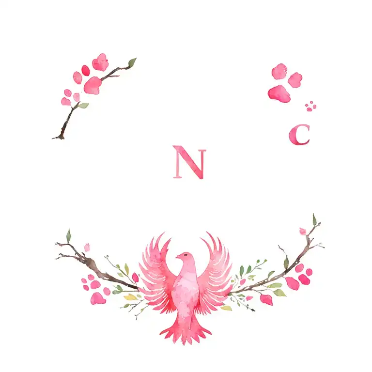 The Letters C And N Hidden In Cherry Blossoms And Paw Prints And A Phoenix In The Middle