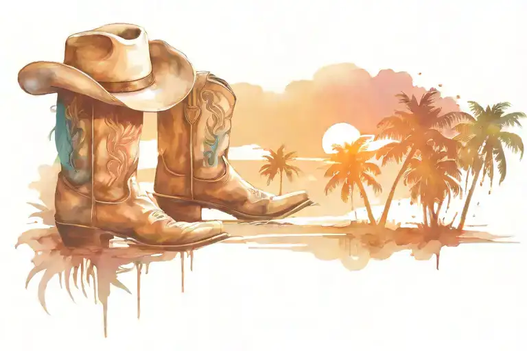 Cowboy Boots And Hat With Palm Tree Growing