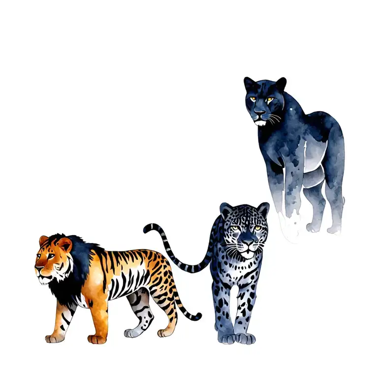 A Lion And A Tiger And A Black Panther And A Snow Leopard And A Jaguar
