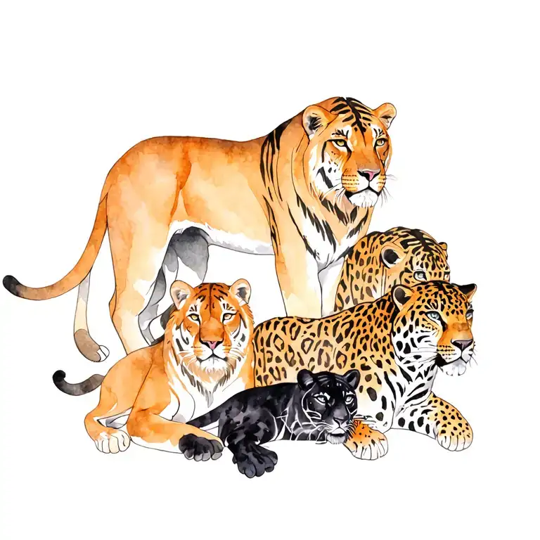A Lion And A Tiger And A Black Panther And A Snow Leopard And A Jaguar All Lying Together