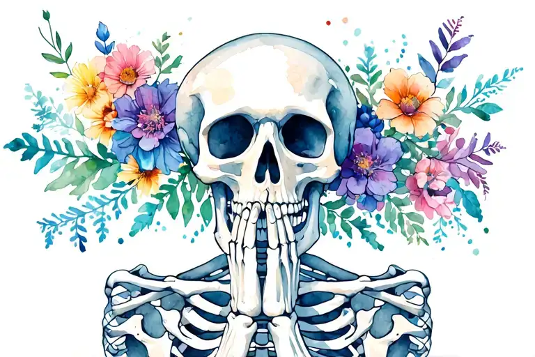 Praying Skeleton With Growing Flowers In Ribs