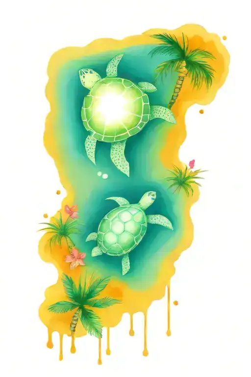 Turtle With Flowers And Palm Tree Growing