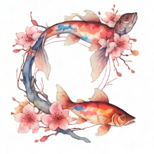 Cherry Blossom Branches With Two Fish Swimming In Center