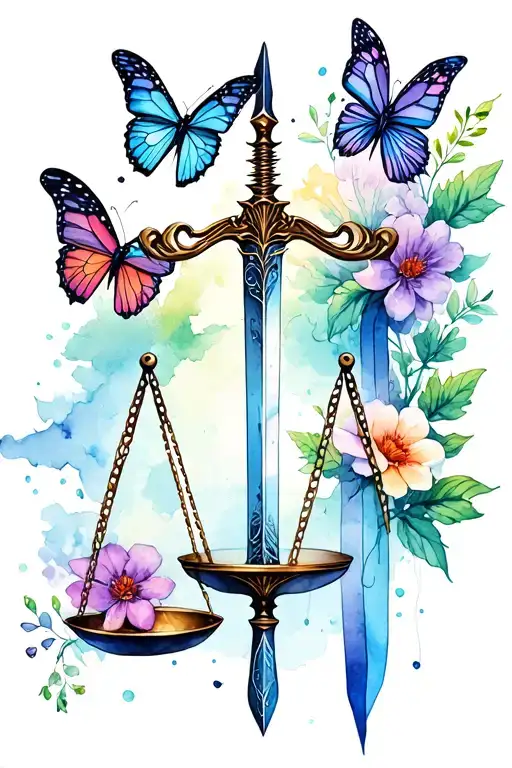 Dagger As Balance Scale With Butterflies And Flowers