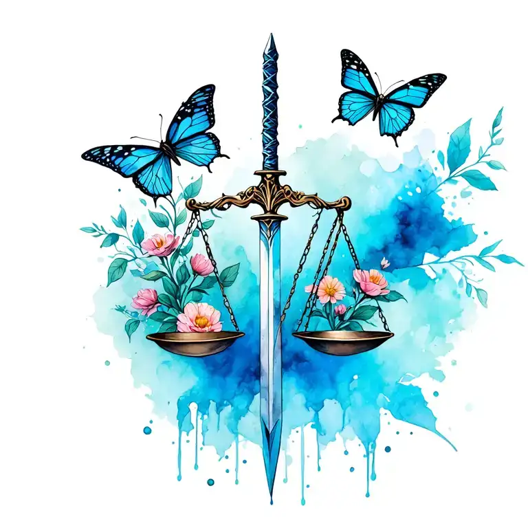 Dagger As Balance Scale With Butterflies And Flowers