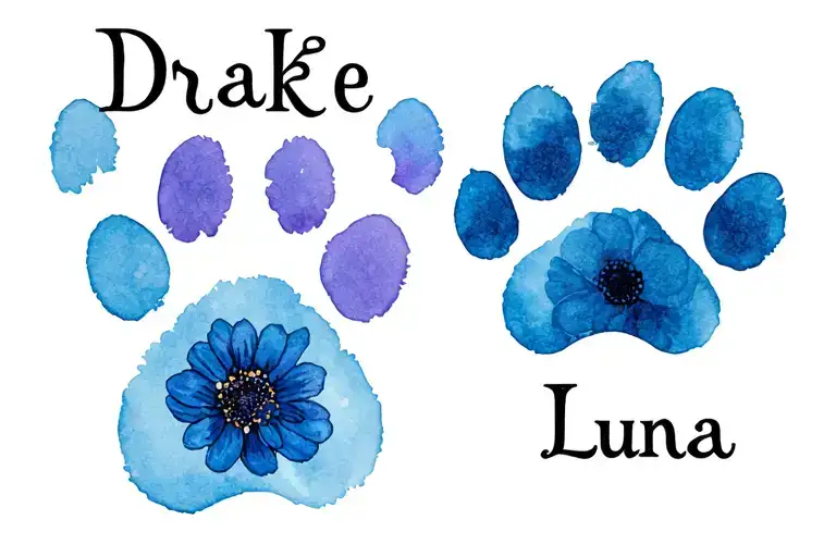 Paw Print Of Flowers With The Word 'Drake' And 'Luna'