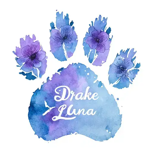 One Paw Print Of Flowers With The Word 'Drake' And 'Luna' In The Outline Of The Paw