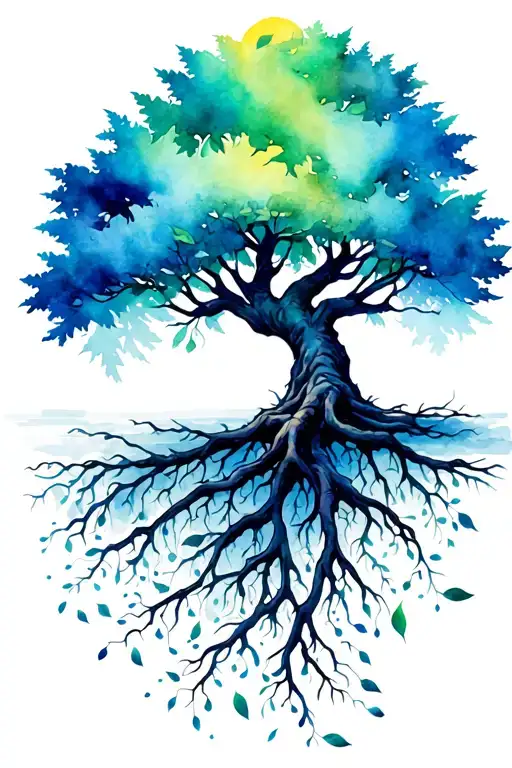 Tree Of Life With Long Roots And Leaves Falling