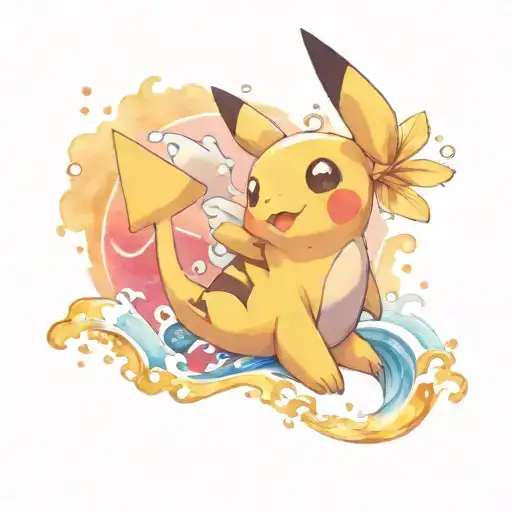 Pikachu Riding Kingdra Through Water Waves
