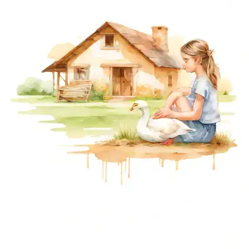 Little Girl Is Sitting In Front Of The Farm House With A Goose
