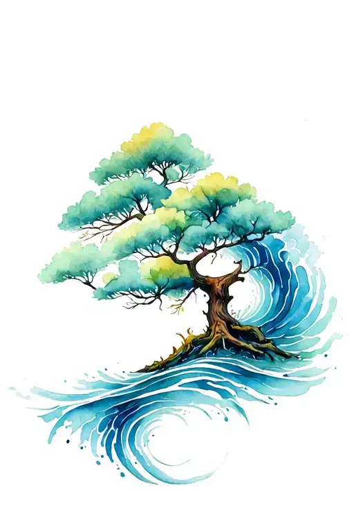 Yew Tree Intertwined With Water Waves