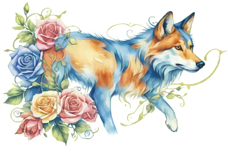 Blue Rose Vine And Wolf