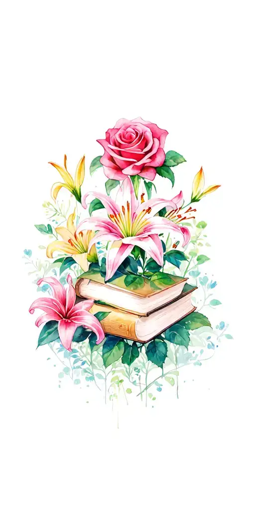 Rose And Lily Garden With Fantasy Books And Cats