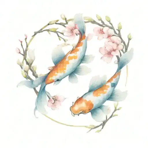 2 Koi Fish Swimming In A Circle Made Of Cherry Blossom Branches