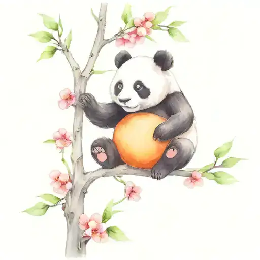 Cherry Blossem Tree Branches And Baby Pandas