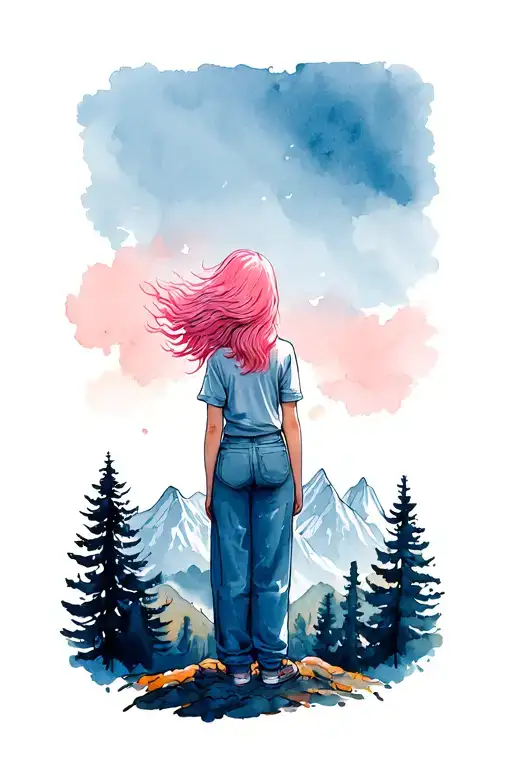 Girl With Pink Hair Stands With Her Back Looks At The Mountains