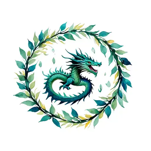 Dragon Encircling A Wreath With Leaves Falling