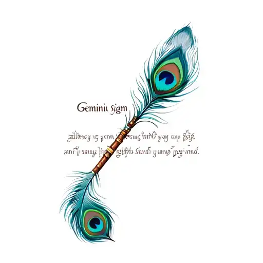 Gemini Sign Flute Peacock Feather And A Sanskrit Words