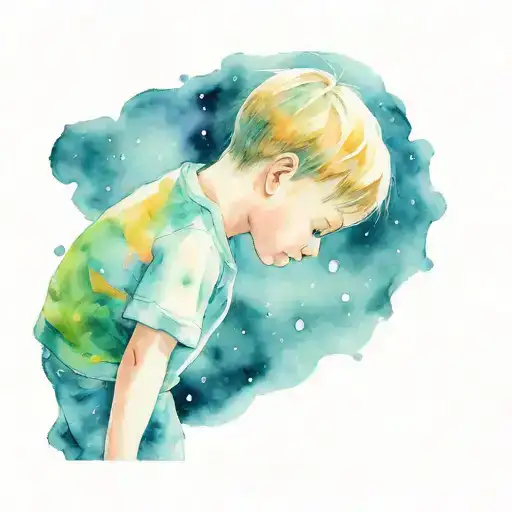 Little Boy With Poug In The Rain Drops