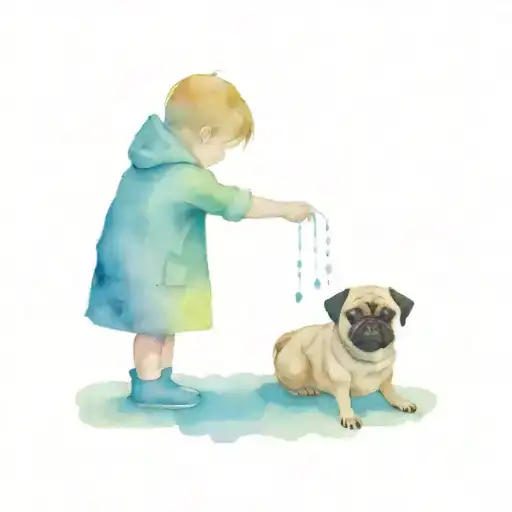 Little Boy With Pug In The Rain Drops