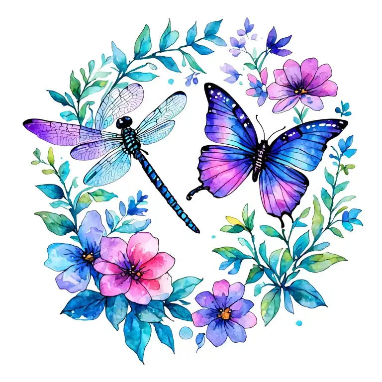 Butterfly And Dragonfly With Flowers