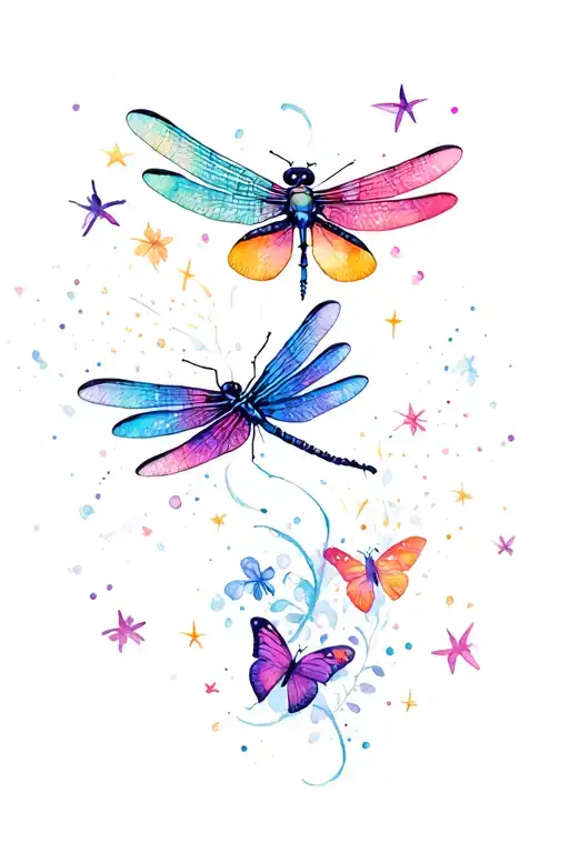 Dragonfly Flying & Butterflies With Streaks Lighting & Stars