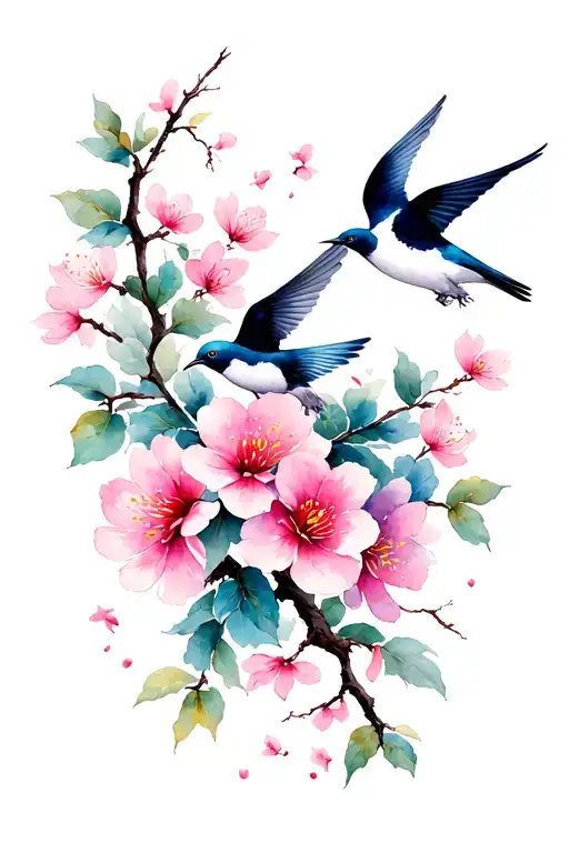 Chinese Cherry Blossom Flowers Wrapped With Swallows