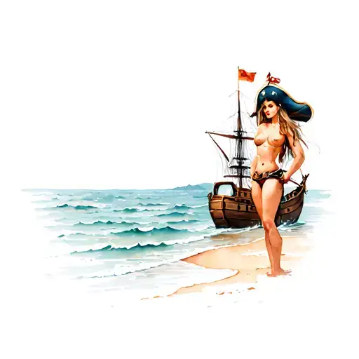 Bare Breasted Pirate Girl On The Beach With A Keg Of Rum And Her Ship In The Background