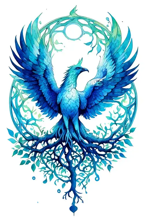 Phoenix Rising From Tree Of Life Intertwined