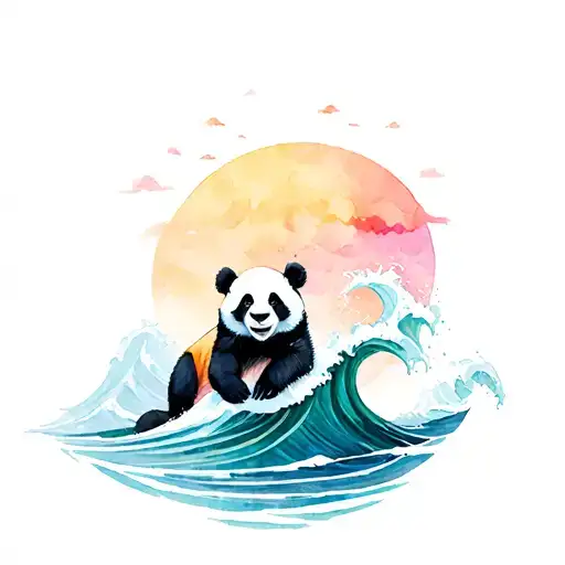 Panda Leaning On A Wave Crashing Ocean Waves