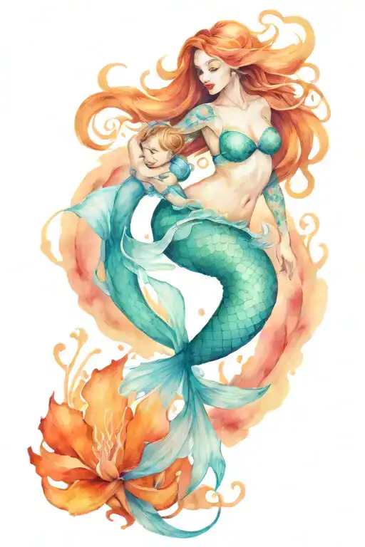 Mermaid With Child Swimming