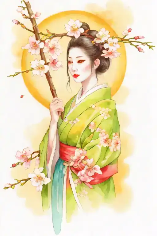 Japanese Priestess With Jade Eyes And A Samurai Standing In Cherry Blossoms