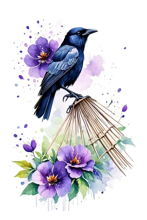 Crow Raking Flight And Purple Flowers