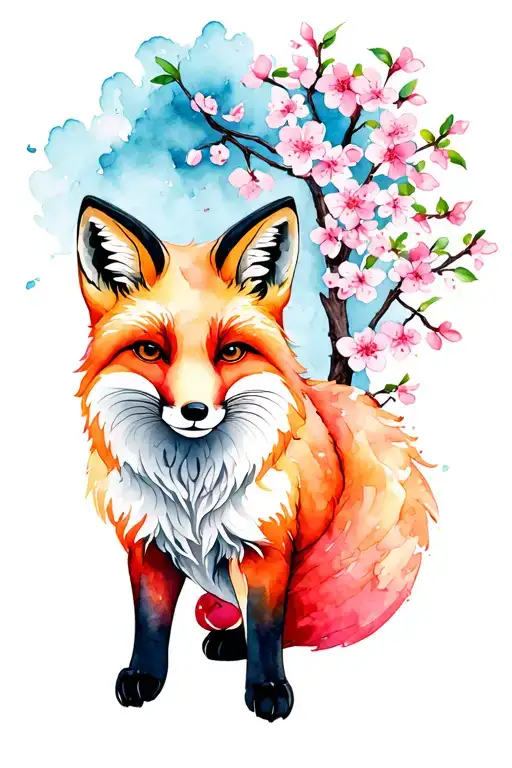 Fox With Cherry Blossom Tree